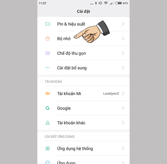 Vào cài đặt bộ nhớ